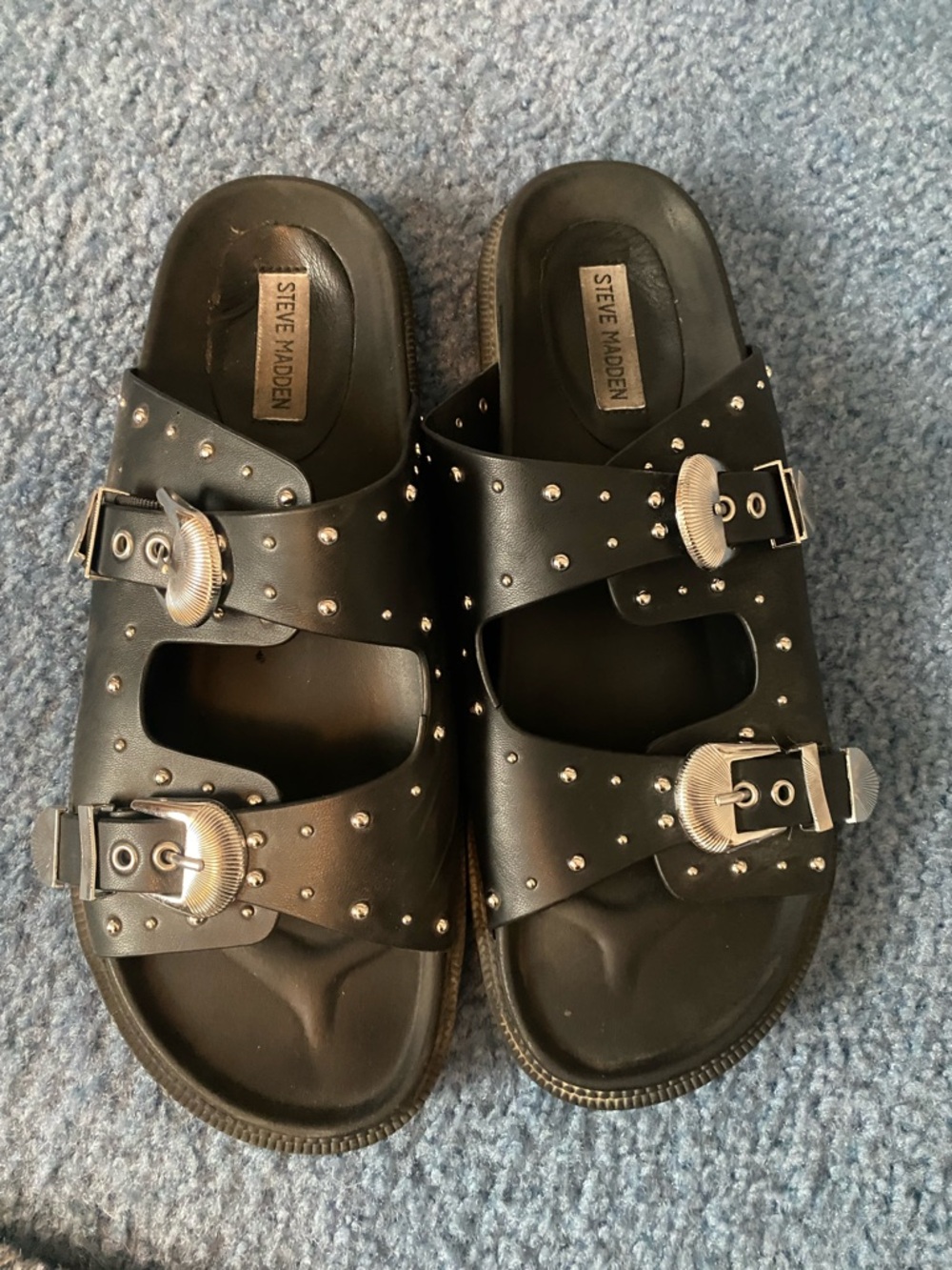 Steve Madden Black Studded Double-Buckle Slides